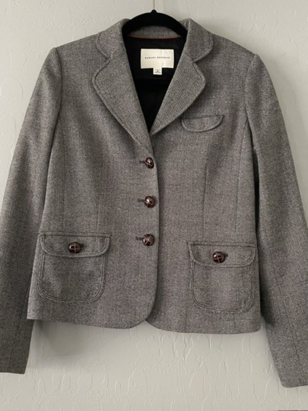 Banana Republic Wool Blend Blazer Jacket Size 8 Gray Tweed Houndstooth Stretch